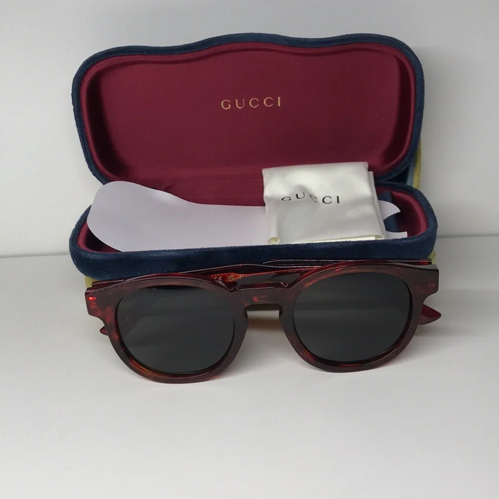 Gucci GG0825S 005 49 Havana Grey Round Sunglasses | New Authentic